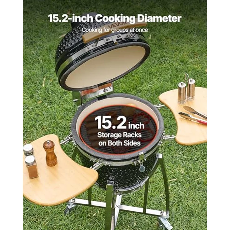 VEVOR Kamado Grill Ø 450 mm, Keramikgrill mit Holzgriffen, Seitenablagen, Metallstand mit Rollen & Thermometer bis 400°C, für BBQ, Grillen, Kochen & Backen Outdoor – Bild 4