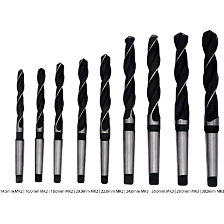 PeTools Spiralbohrer Set 9 tlg. HSS Konus-Bohrer, Stahlbohrer 14,5-30mm, Morsekegel MK MK2, MK3 DIN345 in Dampfangelassener Oberflächenbehandlung – Bild 3