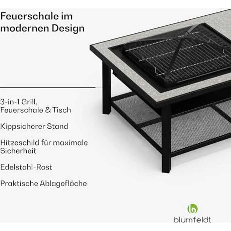 Blumfeldt Merano Avanzato Feuerschale mit Grillrost, 3-in-1 Feuertisch, 122x87 cm, Terrazzo-Tischplatte, Schwarz – Bild 2