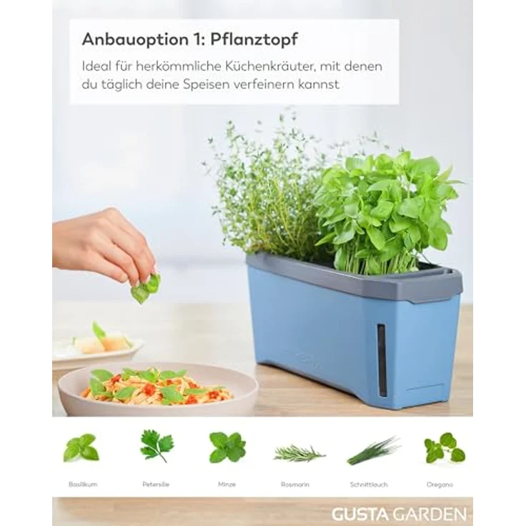 Gusta Garden HARRY HERBS Anzuchttopf, 4 in 1 Kräutertopf mit Wasserreservoir und Wasserstandsanzeige, blau mit Anzuchthaube – Bild 3