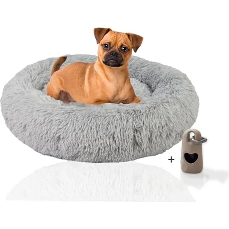 Rohrschneider Hundebett Donut, flauschiges Kissen für kleine und mittelgroße Hunde, rundes Sofa, waschbar, Gr. M Ø ca. 70 cm, inklusive Hundekotbeutel Set