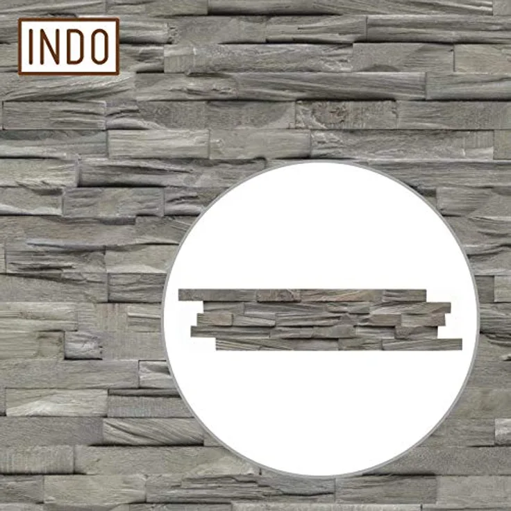 INDO Holz Wandverkleidung Beachwood Hevea Gun Smoked, 3D-Effekt, Fläche 1 m², Brandschutzklasse D-s2, d0