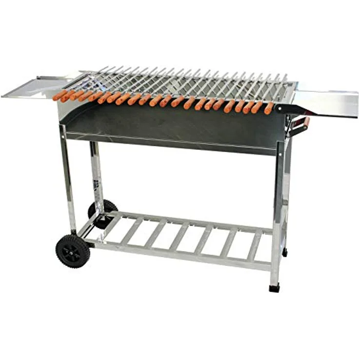 walexo Familien Grill Mangal mit Rollen und Kasan Halter, wahlweise mit oder ohne 22 Spieße aus Edelstahl (mit 22 Edelstahlspieße)