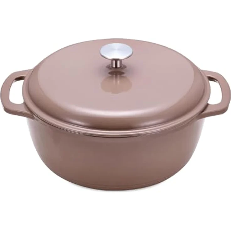 Amazon Basics Schmortopf Rund, Emailliertes Gusseisen, 6,9 L, Lehmfarben, gleichmäßige Wärmeverteilung, Backofenfest bis 260°C – Bild 1