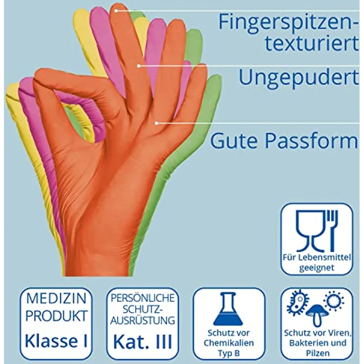 AMPri Nitrilhandschuhe, bunt, Farbenmix, 96 Stück/Box, Größe XL, puderfrei, Style tutti frutti by Med-Comfort: Nitril Einmalhandschuhe in den Größen XS, S, M, L, XL erhältlich – Bild 2