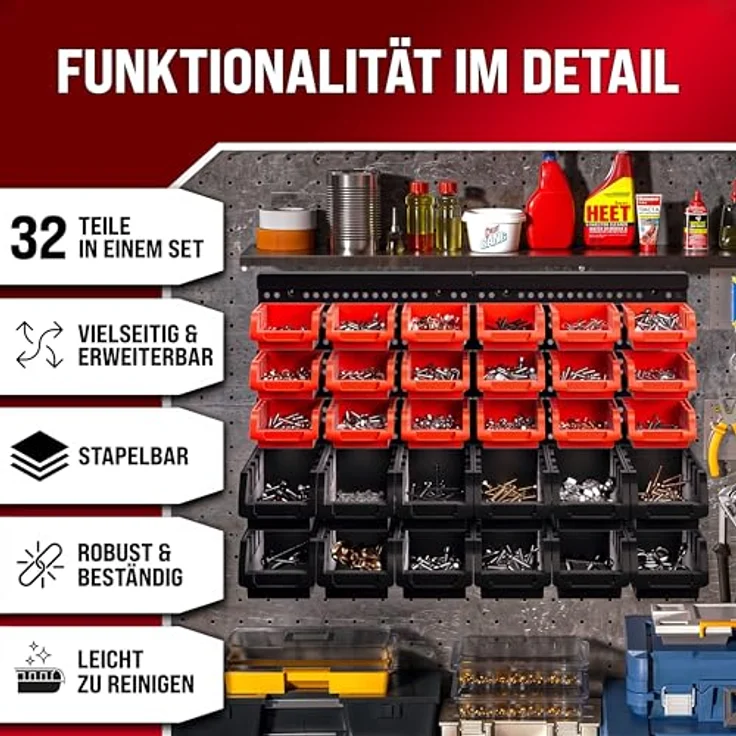 Deuba Wandregal mit Stapelboxen 32 tlg Box Starke Wandplatten Erweiterbar Werkstattregal Werkzeuglochwand – Bild 2