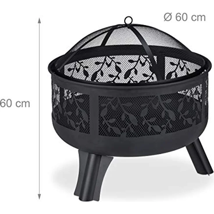 Relaxdays Feuerschale mit Funkenschutz, Garten & Terrasse, mit Schürhaken, Outdoor Feuerkorb, HxD: 60 x 60 cm, schwarz – Bild 4