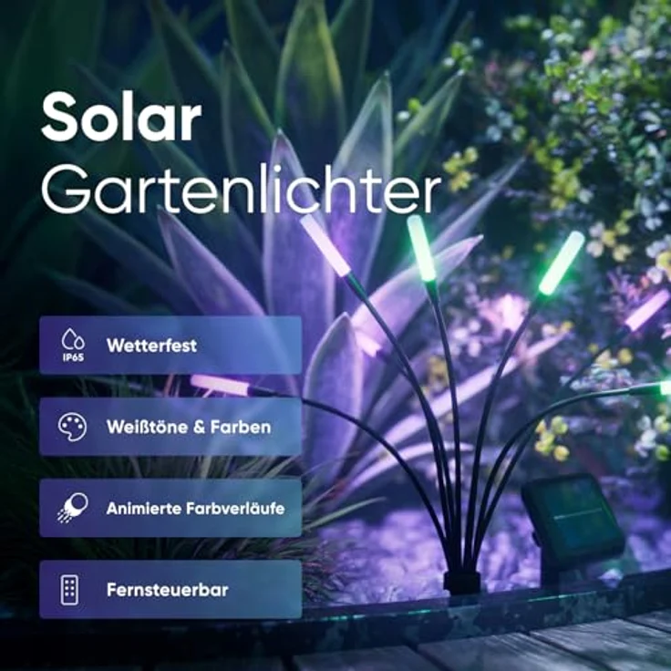 Nanoleaf Firefly Solarlampen für Außen Garten (2er Set) mit Fernbedienung, 8 adressierbaren warmweiß/multicolor LEDs, Timer & Szenen, IP65 wasserdicht – Bild 2