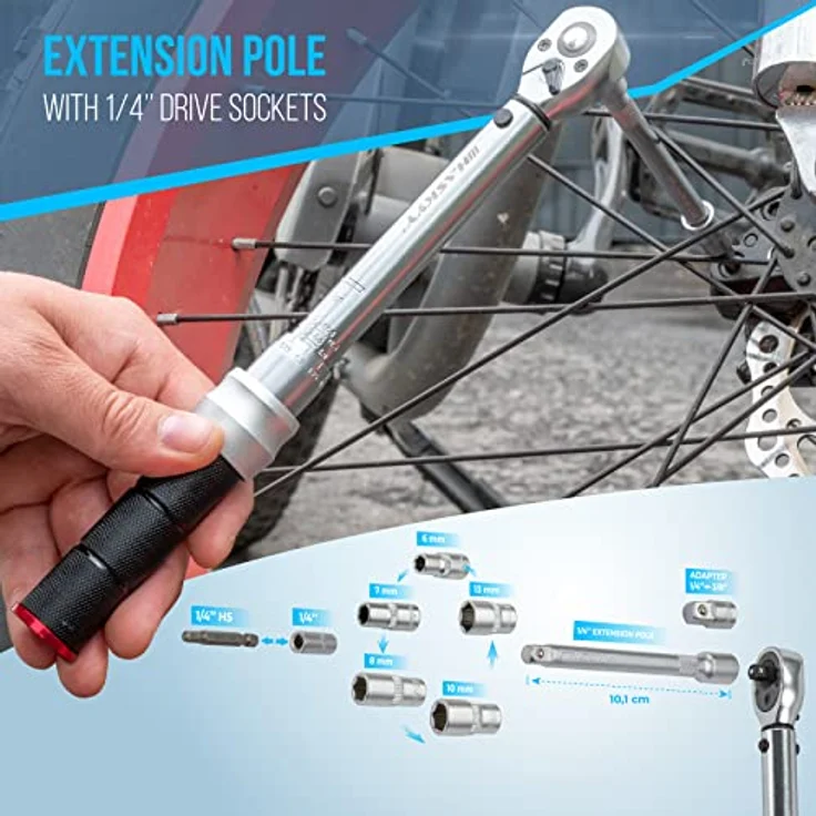 HASKYY Drehmomentschlüssel Set 1/4" 2,5-20Nm Fahrrad Feinmechanik mit viel Zubehör wie Verlängerungsstange, Bits, Nuss-Einsätze, Adapter – Bild 4