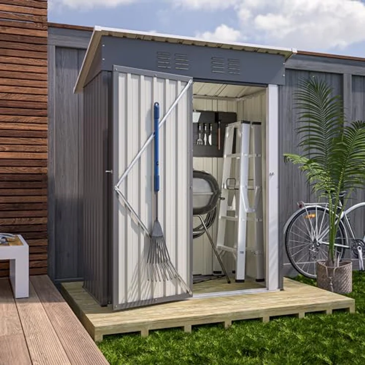 Thanaddo Geräteschuppen Gerätehaus 152 x 84 x 182 cm, 1,5m³ Stauraum, Metall Gartenschuppen mit Pultdach Belüftungslöcher, wetterfest Lagerschuppen im Freien für Outdoor (Grau) – Bild 2