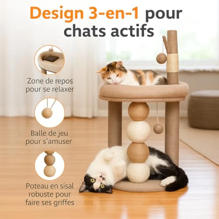 LINUMA® Kratzbaum Beige, 3-in-1 Katzenbaum mit Spielball und Kuschelbett, platzsparend für kleine Wohnungen – Bild 2