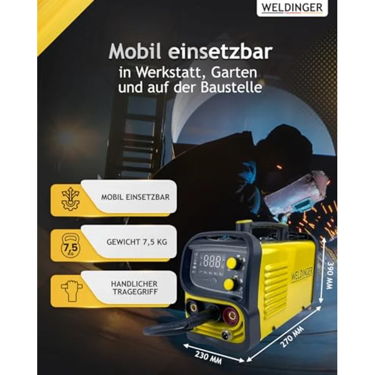 WELDINGER Fülldrahtschweißgerät ME 130 mini Flux IGBT Schweißgerät, 20,00 - 130,00 A, Einsteigerset, 10-tlg., 4 in 1 Kombigerät, geeignet für Edelstahl Fülldraht, schwarz – Bild 7
