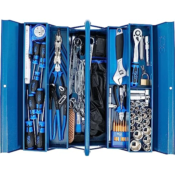 BGS Werkzeugkoffer, Metall-Werkzeugkasten mit 137-teiligem Werkzeug-Sortiment, hammerschlagblau, automatische Schließfunktion, ausziehbare Fächer – Bild 4
