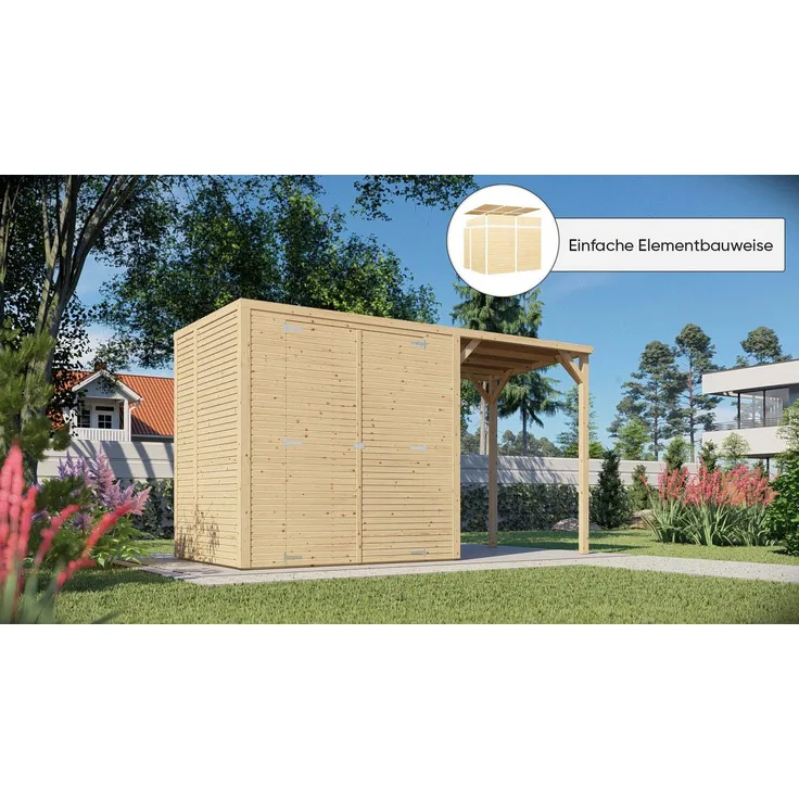 KONIFERA Gartenhaus Beno 2 PLUS Fineline, modernes Gerätehaus mit Flachdach, BxT: 373x170 cm, hohe Doppeltüren und Anbaudach