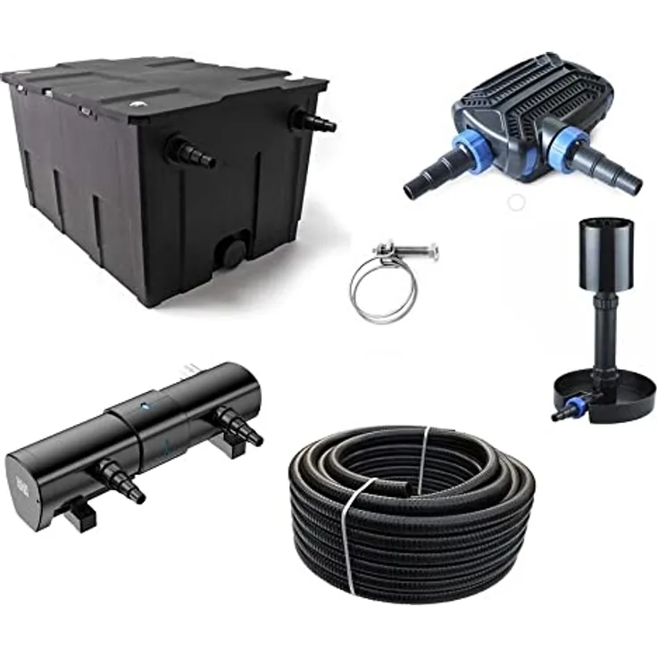 AquaOne Kammerfilter Set mit Teichpumpe und Wasserklärer I Filteranlage CBF-550 für einen Teich bis 60.000 Liter I Komplettset mit UVC Klärer 72W Eco Pumpe 70 Watt Skimmer Teichschlauch Nr.77
