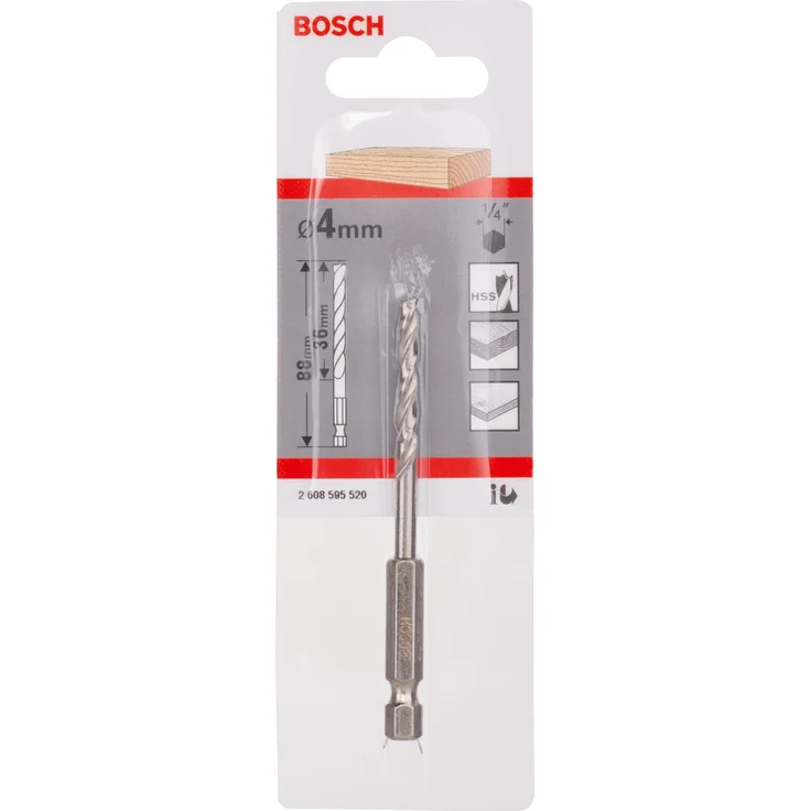 Bosch Holzspiralbohrer 1/4 Zoll-Sechskantschaft Ø 4 mm x 88 mm, präzisionsgeschliffen für ausrissfreie Bohrungen in Holz