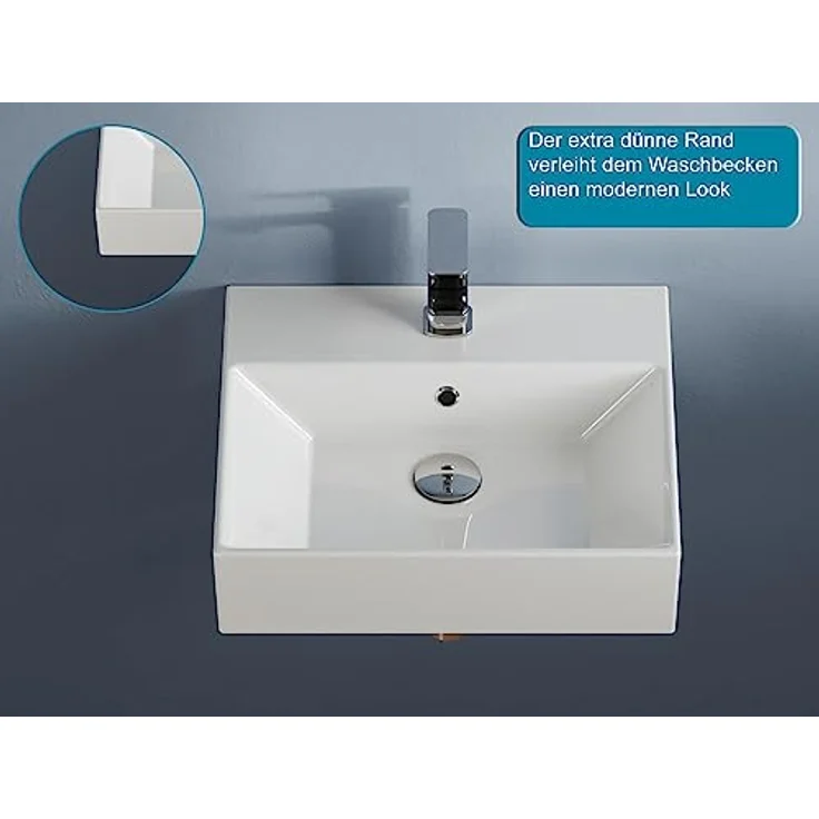 Aqua Bagno | Design Hängewaschbecken mit dünnem Rand, hochwertige Keramik, weiß, genormte Anschlüsse | 500 x 420 mm – Bild 3