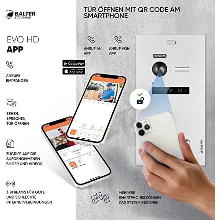 Balter EVO HD Video Türsprechanlage, Komplettset für 4-Familienhaus, 7-Zoll Touchscreen Monitor, Full HD Kamera, Smartphone App, Nachtsicht, 2-Draht-BUS-Technologie – Bild 5