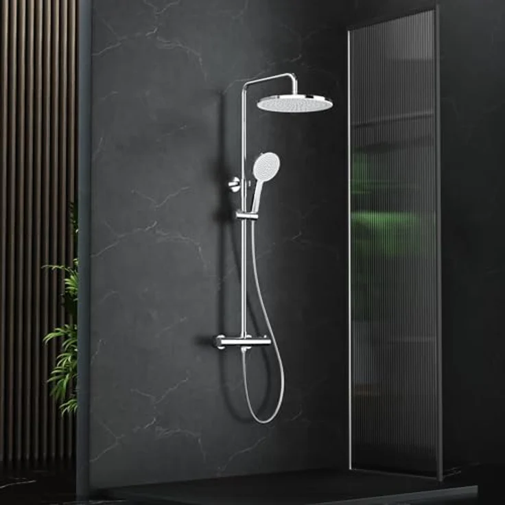 Rainsworth Duschsystem mit Thermostat, 3 Strahlart(en), komplett-set, 92-126 cm Duschstangen Edelstahl Duschamaturenset Wassersparend, runde Regendusche 30cm, 3 Strahlarten, höhenverstellbare Duschstange, Sicherheits-Thermostat – Bild 2