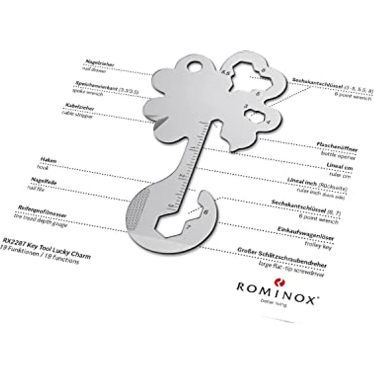 ROMINOX Key Tool Lucky Charm, Multifunktionswerkzeug mit 19 Funktionen, Edelstahl Schlüsselanhänger Kleeblatt, Glücksbringer für Adventskalender – Bild 2