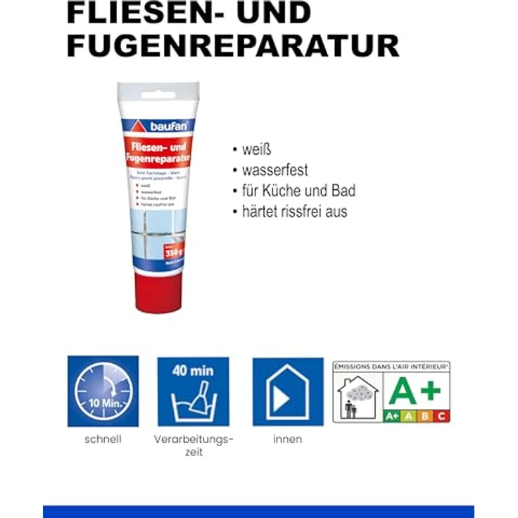 baufan® Fugenmörtel Fliesen- & Fugenreparatur, 350g Wasserfeste Spachtelmasse in Weiß für Küche & Bad – Bild 4