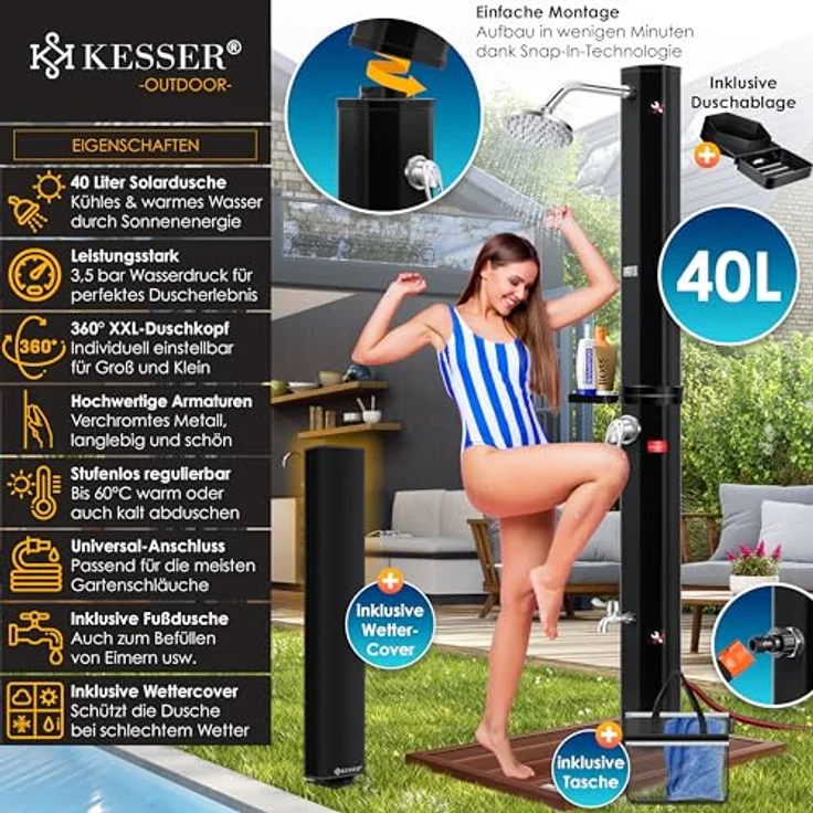 KESSER Solardusche 40- 60 Liter Solar Gartendusche warmes Wasser max. 60°C Inkl. Schutzhaube ohne Stromanschluss Pooldusche CampingRegenduschkopf und Wasserhahn Gartenschlauch-Anschluss Schwarz, 40 Liter - Preisvergleich – Bild 2