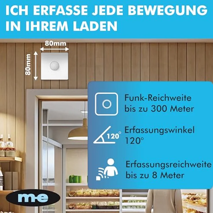 m-e Funk-Bewegungsmelder Set BELL-8121, kabelloser Durchgangsmelder mit 300 Meter Reichweite, Klingelton/Alarm, Set mit Batterieempfänger für Ladentüren und Eingänge – Bild 2