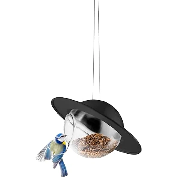 EVA SOLO Saturn Vogelfutterhaus Schwarz, wetterbeständiger Futterspender mit transparenter Glaskugel und Schutzdach, wartungsarm für Gartenvögel – Bild 4