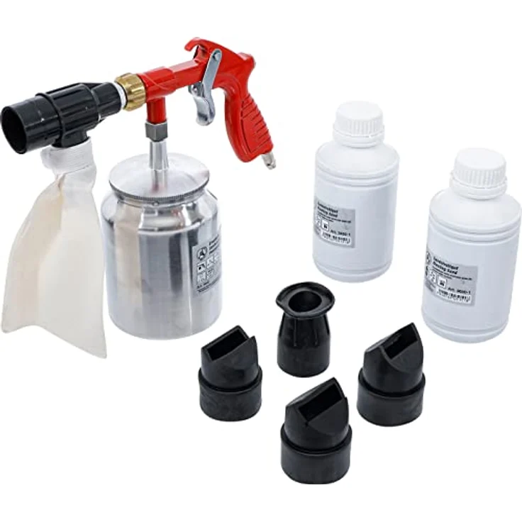 BGS Druckluft-Sandstrahlpistole, Druckluftaufsatz für Karosseriebereich, inklusive 4 Strahlkappen und 2x850g Korund #60, leicht und wirtschaftlich in der Anwendung – Bild 1