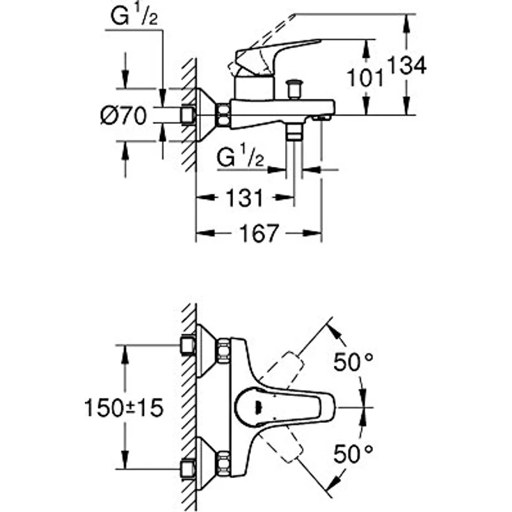 GROHE Start Flow - Einhand-Wannenarmatur (Wandmontage, langlebige Oberfläche, automatische Umstellung), chrom, 23772000 – Bild 2