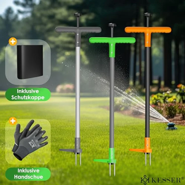 KESSER® Unkrautstecher mit Stiel, ergonomischer Unkrautentferner mit T-Griff & Fußpedal, 3 Stahlzähne & Sprungfeder, inklusive Handschuhe & Schutzkappe – Bild 5