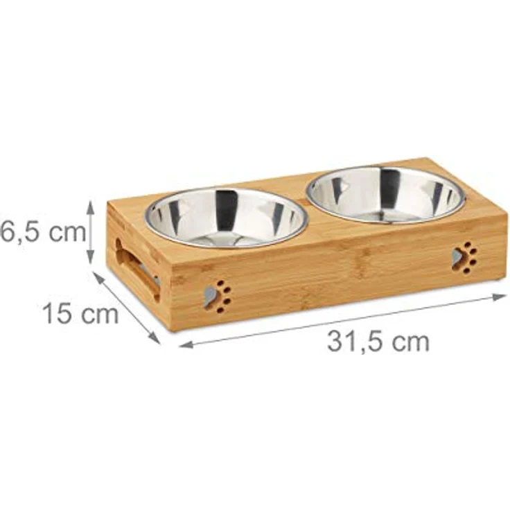Relaxdays Futterbar für kleine Hunde, 2 Näpfe V je 300 ml, erhöht, Bambus & Edelstahl, HBT: 6,5x31,5x15 cm, Natur/Silber, 1 Stück – Bild 4