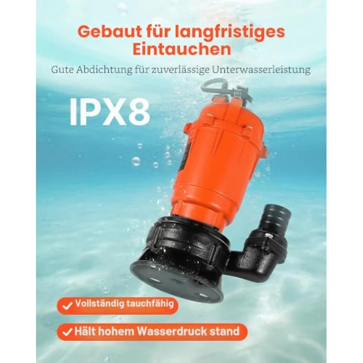 VEVOR 550W Tauchpumpe, 18000l/h Gusseisen-Schmutzwasserpumpe mit 5,08cm Auslass und 10m max. Förderhöhe für Pools, Gärten, Teiche und überflutete Bereiche – Bild 3
