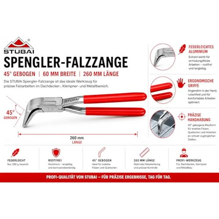STUBAI Spengler-Falzzange 45° gebogen 60 mm | Aluminium, rostfrei, ergonomisch | Profi-Werkzeug für Dachdecker & Metallbau, 260 mm Länge, 280 g leicht – Bild 5