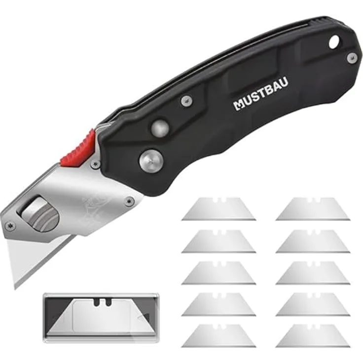 Mustbau Professional Universalmesser, Klappmesser im Metall-Griff schwarz (Inkl.10 Stück SK5 Ersatzklingen), Cuttermesser Profi mit Safety-Lock,Winkelschloss, Teppichmesser Arbeitsmesser