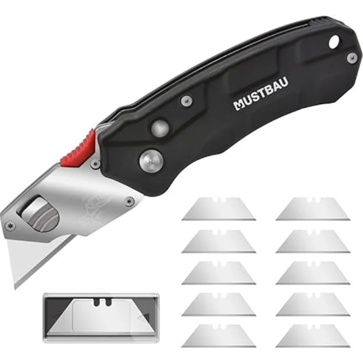 Mustbau Professional Universalmesser, Klappmesser im Metall-Griff schwarz (Inkl.10 Stück SK5 Ersatzklingen), Cuttermesser Profi mit Safety-Lock,Winkelschloss, Teppichmesser Arbeitsmesser – Bild 1