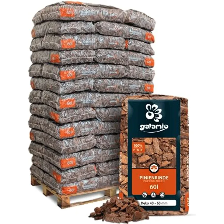 GALAMIO Pinienrinde Deko, Rindenmulch aus Mittelmeerkiefer 40-60 mm, 60l x 39 Sack, dekorativ und pflegeleicht für Garten und Terrarium