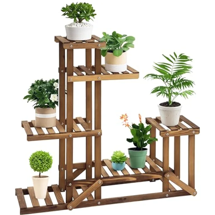 Outsunny Blumenständer Pflanzenregal 6 Ebenen, vierstufige Blumentreppe aus massivem verkohltem Holz, platzsparendes Design für Innen- und Außenbereich, 98 x 28 x 96,5 cm