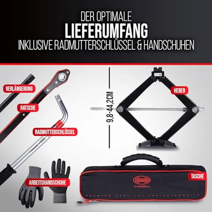 HEYNER® Ultra Lift L PRO, Scherenwagenheber Set mit drehbarem Sattel, Radmutternschlüssel und Montagehandschuhe, Black Edition, GS-geprüft – Bild 4