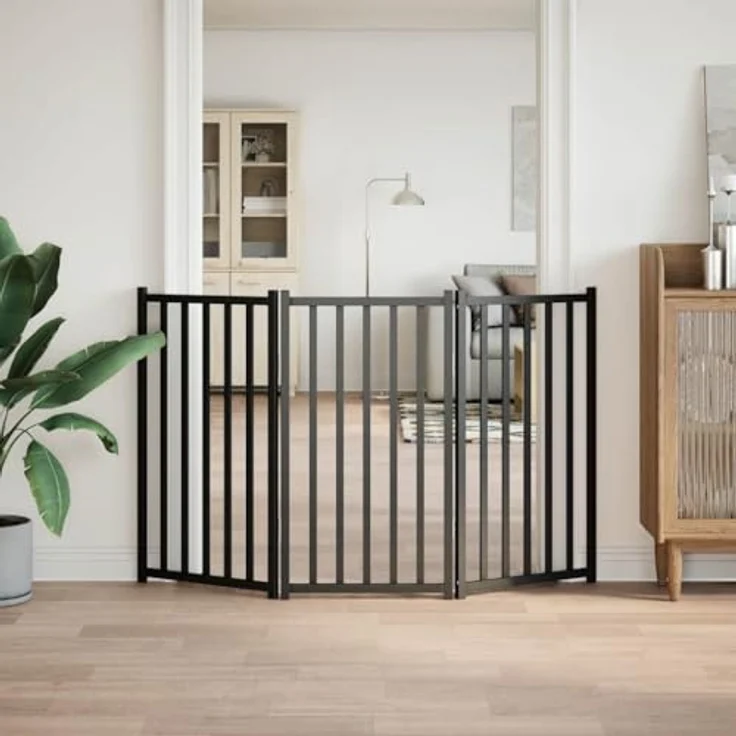 vidaXL Hundetor 3-TLG., Hundegitter Faltbar Pflegeleicht, Schutzgitter für Wohnzimmer Küche Treppe, Haustiertor Türschutzgitter, Schwarz Massivholz Tanne – Bild 4
