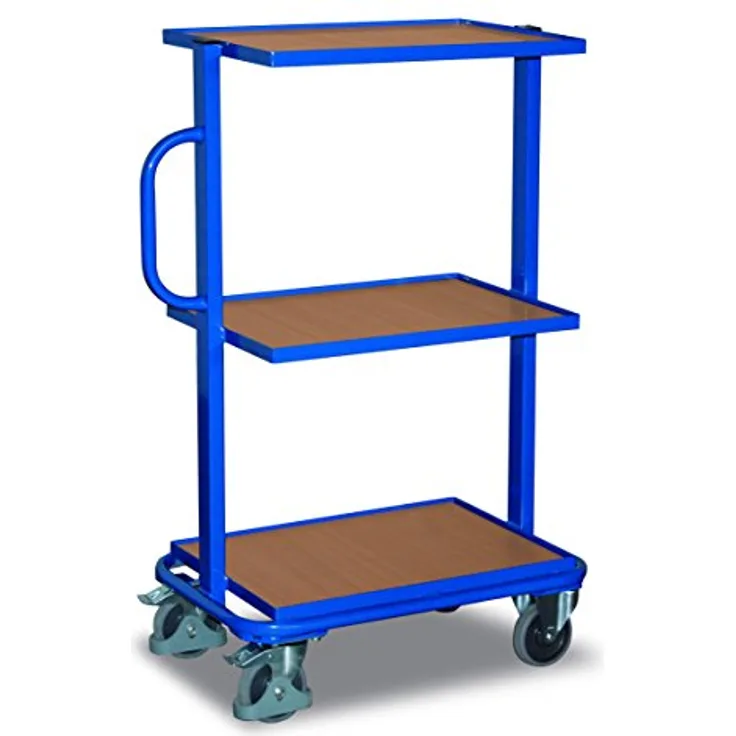 VARIOfit Beistellwagen, Werkstattwagen mit 3 offenen Holzböden, Buchendekor, 610x410mm, enzianblau, Traglast 200 kg