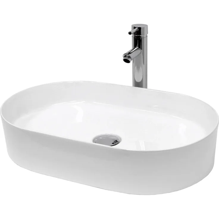 ECD Germany Waschbecken Oval 605x380x125 mm, Keramik in Weiß mit Ablaufgarnitur ohne Überlauf, Push-Open-Technologie