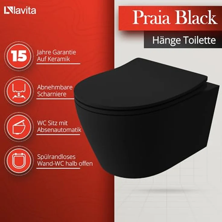 lavita Wand-WC Praia Black | Hänge Toilette mit Absenkautomatik & Spülrandlos | 360x480x375 mm | Schwarz – Bild 2