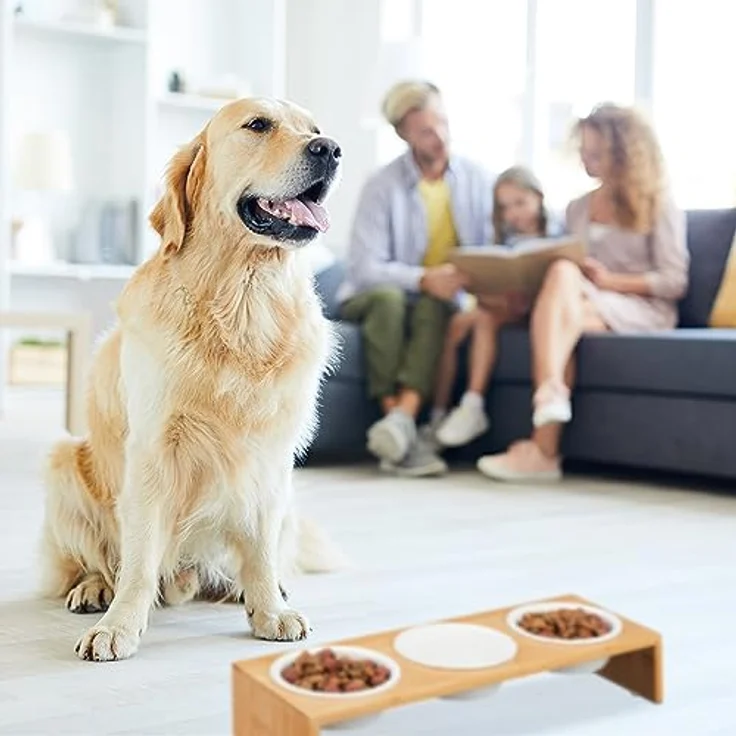 Relaxdays Futterstation Hund, Hundebar 3 Näpfe, je 400 ml, spülmaschinenfest, Bambus & Keramik, Napfständer, Natur/weiß – Bild 3