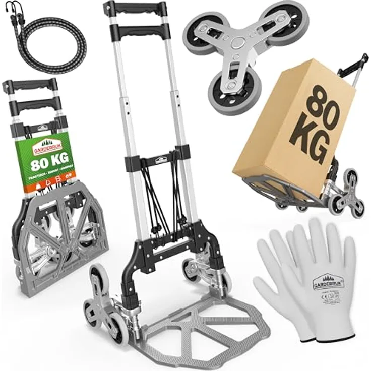 Gardebruk Aluminium Treppenkarre klappbar, 80 kg Tragkraft, inkl. Handschuhe und Expanderseile