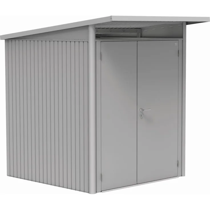 BIOHORTGH AvantGarde A1, silber-metallisches Gartenhaus mit schmaler Doppeltür