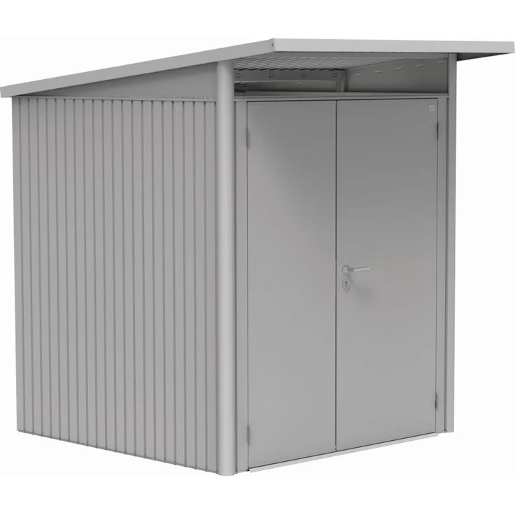 BIOHORTGH AvantGarde A1, silber-metallisches Gartenhaus mit schmaler Doppeltür