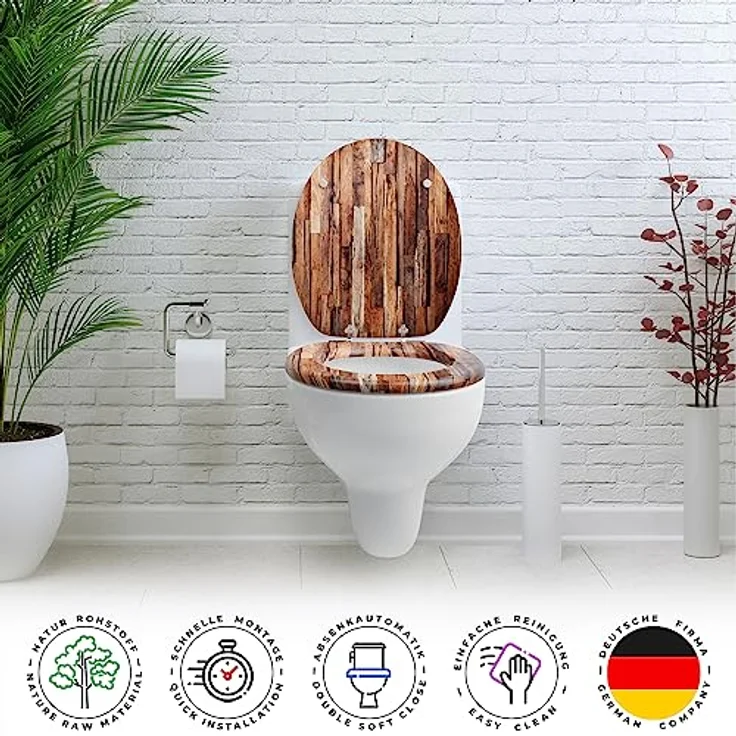 Sanfino WC Sitz Industrial Wood, Toilettendeckel aus Holz mit Absenkautomatik, braun, verchromte Metallscharniere, einfache Montage – Bild 4