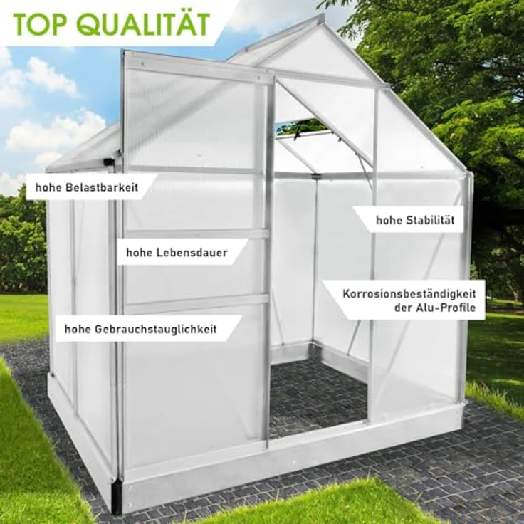 BRAST Gewächshaus Aluminium mit Fundament | 6mm Hohlkammerplatten | rostfrei wetterfest temperaturbeständig | 130x190x195cm Silber – Bild 3