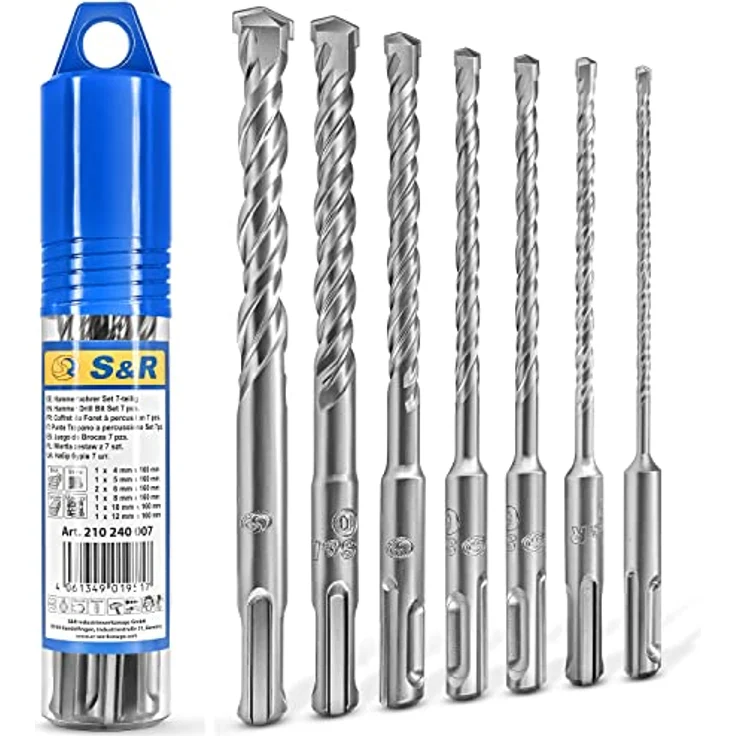 S&R Hammer-Bohrersatz 4-12mm, Beton-, Stein- und Granit-Bohrer mit Karbid-Hartmetall-Spitze und SDS-Plus Aufnahme für Mauerwerk und Ziegel – Bild 1